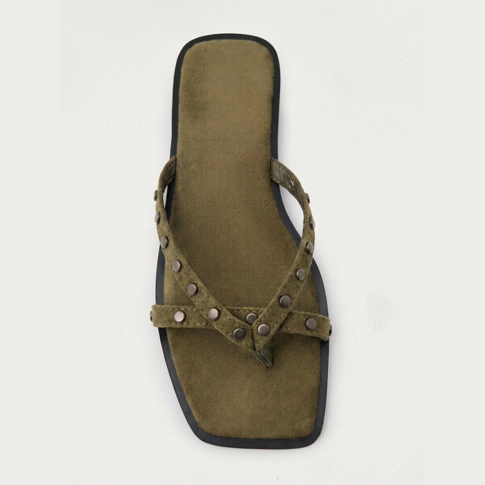Olive Green Faux Suede Studded Crisscross Thong Flat Sandals